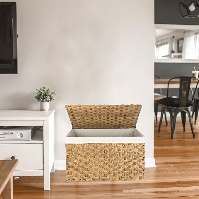 Wicker Storage Basket with Lid, 42.3 Gallon (160L) Large Blanket Basket with Lid, Woven Storage Bin with Handles, Removable Liner, Metal Frame, Foldable, for Bedroom, Laundry Room, Natural-Ruum Studio Home