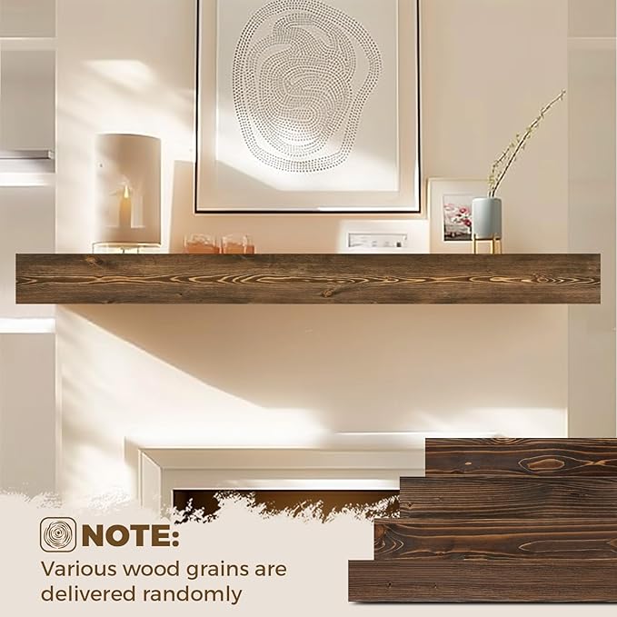 72x8x3 Fireplace Mantel - Handcrafted Hollow Rustic Solid Wood Wall Mounted Floating Shelf with Invisible Heavy Duty Wood Bracket (Weathered Brown)-Ruum Studio Home