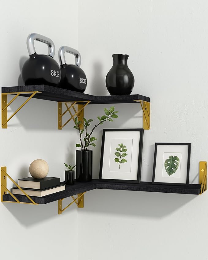 BAYKA Floating Shelves for Bedroom Decor, Wall Shelves for Storage, Wall Mounted Rustic Wood Floating Shelf for Books,Corner Shelf for Bathroom,Kitchen,Living Room(Black and Gold，Set of 4)-Ruum Studio Home