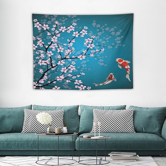 Japanese Koi Fish Tapestry, Cherry Blossoms Asian Oriental Green Teal Flower Branch Koi Fish Carp Tapestries Wall Hanging for Bedroom Living Room Office Decor 40"x30"-Ruum Studio Home