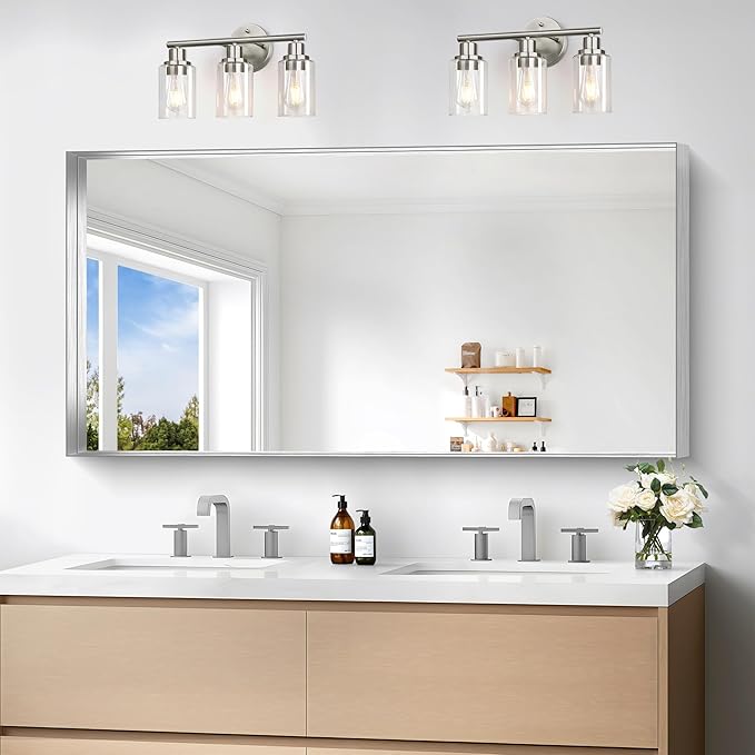 Silver Bathroom Mirror, 24x48 Inch Rectangular Framed Mirror, Large Wall Mounted Bathroom Vanity Mirror Over Sink for Bedroom,Restroom, Living Room, Hangs Vertically or Horizontally-Ruum Studio Home