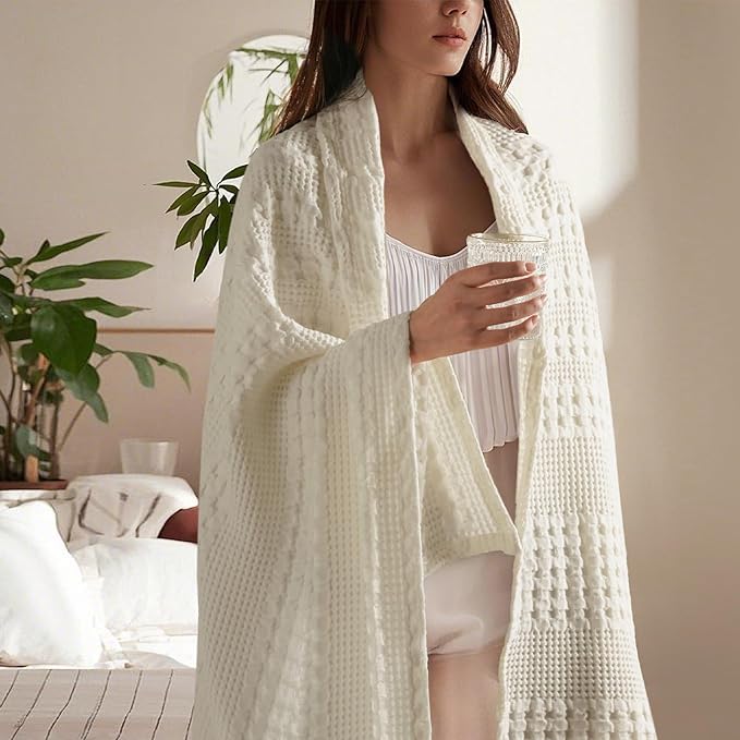 PHF 100% Cotton Waffle Weave Throw Blanket, Soft Lightweight Breathable Cozy Summer Throws for Couch Bed Sofa, Luxury Aesthetic Woven Blanket for Home Decor & Office, 50"x60", Ivory-Ruum Studio Home