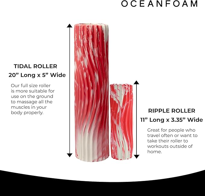 Oceanfoam Tidal Roller - Red Marbled - Muscle Massage Foam Roller for Back Pain & Stretching - Firm and Ergonomic Wide Wave Textured - Yoga, Athletics, & Wellness - Full Size, 20" x 5"-Ruum Studio Home