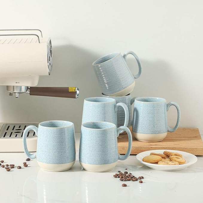 Hasense Porcelain Coffee Mugs Set of 6, 15 Ounce Large Ceramic Coffee Cups Set with Handle for Latte, Tea, Cocoa and Hot Chocolate, Sky Blue Coffee Mugs for Men and Women, Microwave Safe-Ruum Studio Home