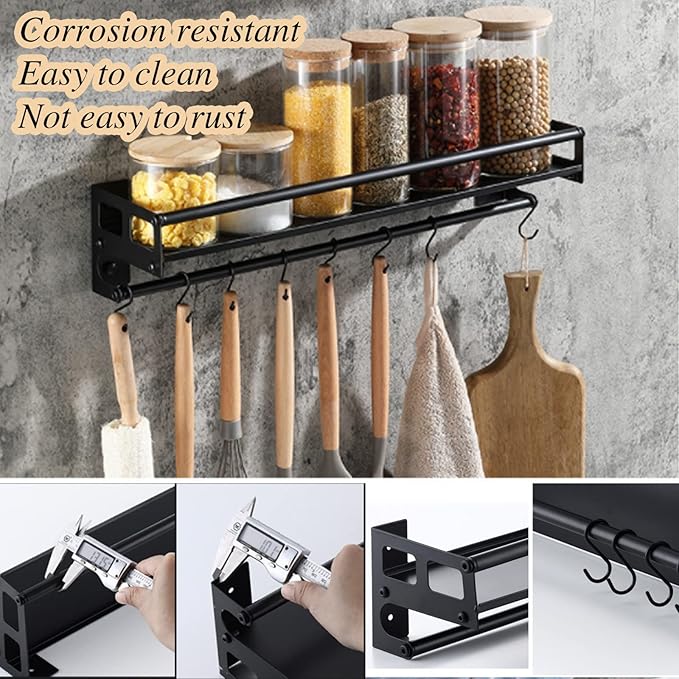 Wall Mount Storage Holder，Stainless Steel Strong Shelf with 6 Removable Hooks, Spice Rack Organizer，Kitchen Organizer Shelf, Space Saving Spice Rack and Kitchen Storage (black)-Ruum Studio Home