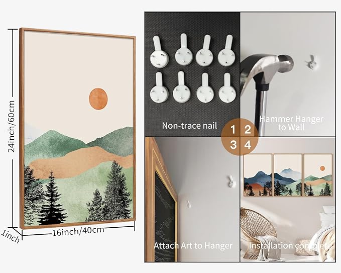 SIGNINART Boho Mountain Framed Canvas Wall Art Set of 3, Watercolor Nature Landscape Set Art Prints, Modern Sunrise Art Paintings, Green Forest Wall Decor for Living Room, Bedroom, Office 16"x24"x3-Ruum Studio Home