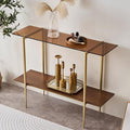 Glass Console Table for Living Room, Foyer & Entrance, 2-Tiers Mid-Century Modern Sofa Table with Amber Glass Top, Walnut Finish Wood Shelf and Gold Finish Frame-Ruum Studio Home
