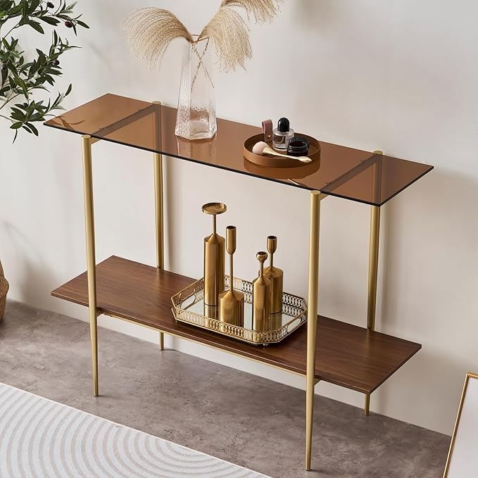 Glass Console Table for Living Room, Foyer & Entrance, 2-Tiers Mid-Century Modern Sofa Table with Amber Glass Top, Walnut Finish Wood Shelf and Gold Finish Frame-Ruum Studio Home