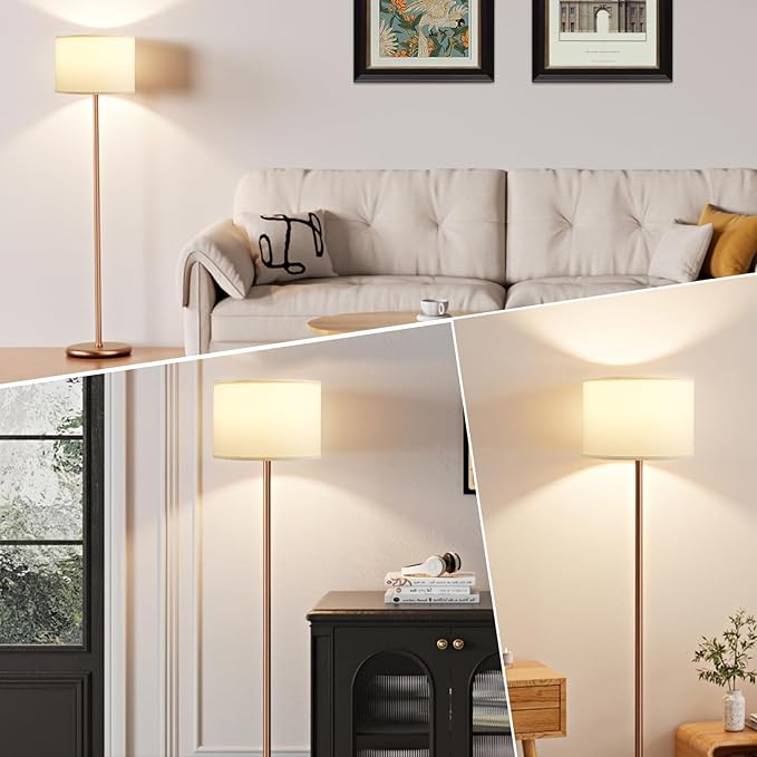 Ambimall 60'' Modern Floor Lamp with Shade, Tall Lamps for Living Room, Bedroom, Office, Dining Room, White Shade with Brown Pole(Without Bulb)-Ruum Studio Home