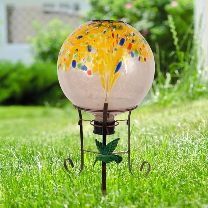 10" Diameter Solar Gazing Ball and 8.5" Metal Stand Indoor Outdoor Yard Art Ornament Coloful Spot Glass Globe Sphere Solar Gazing Balls for Garden,Lawn,Porch,Patio Birthday Gifts for Women,Mom-Ruum Studio Home
