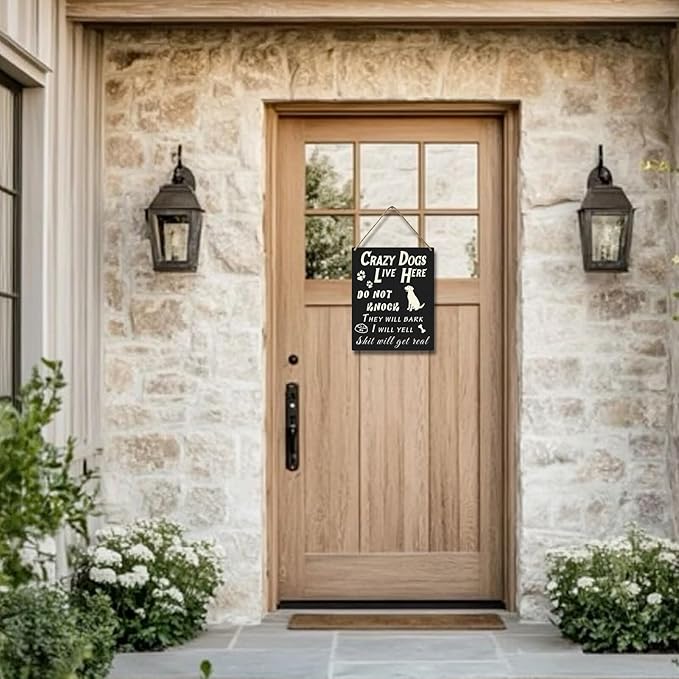 Do Not Knock or Ring Doorbell Sign for Front Door, Funny Dog Owner Warning Crazy Dogs Live Here Do Not Knock They Will Bark I Will Yell Wooden Signs, No Disturb Door Decor for Pet Lovers 10x8 Inch-Ruum Studio Home