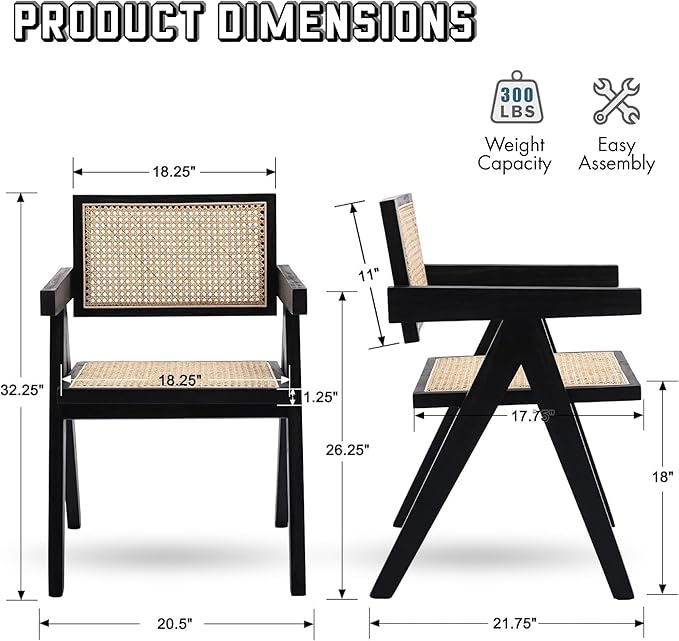 Rattan Dining Chairs Set of 2, Farmhouse Wicker Dining Chairs with Cane Seat Accent Armchair for Dining Room Kitchen Restaurant, Walnut-Ruum Studio Home