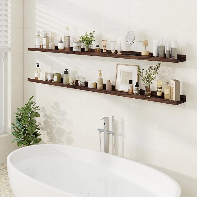 Floating Picture Ledge Shelves 72 Inch Solid Oak Wood Set of 2, Rustic Wall Storage Shelves with Lip, Kids Bookshelf, Photo & Picture Ledge Shelves for Bedroom, Living Room, Kitchen-Ruum Studio Home