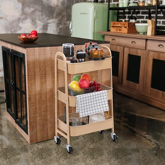 AGTEK Makeup Cart, Movable Rolling Organizer Cart, 3 Tier Metal Utility Cart with Lockable Wheels for Home & Office, Golden-Ruum Studio Home