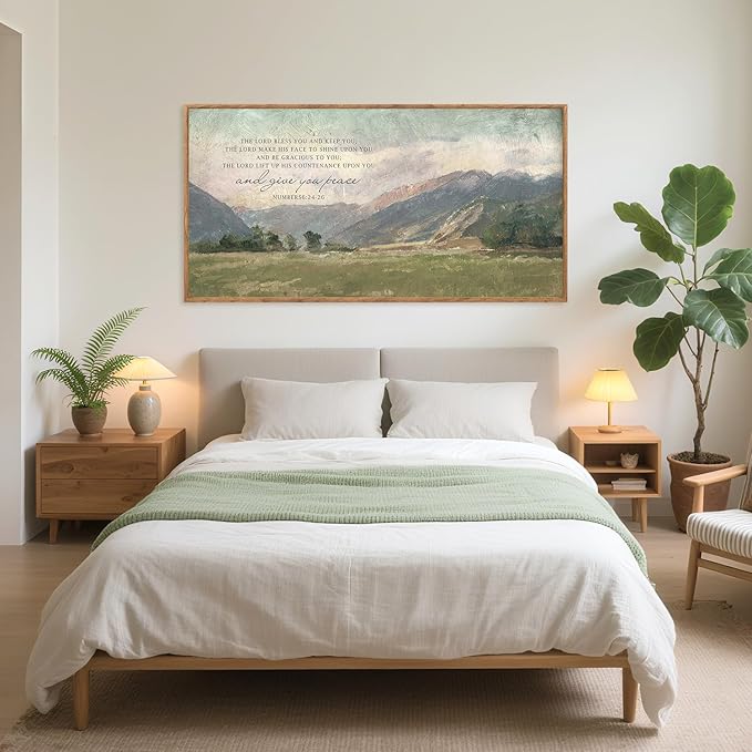 Aurlan Numbers 6:24-26 May The Lord Bless You Wall Art(40"x20"), Large Jesus Christian Bible Verse Scripture Canvas Artwork, Abstcat Watercolor Mountain Landscape Nature Decor for Home Dining Room Christ Gift-Ruum Studio Home