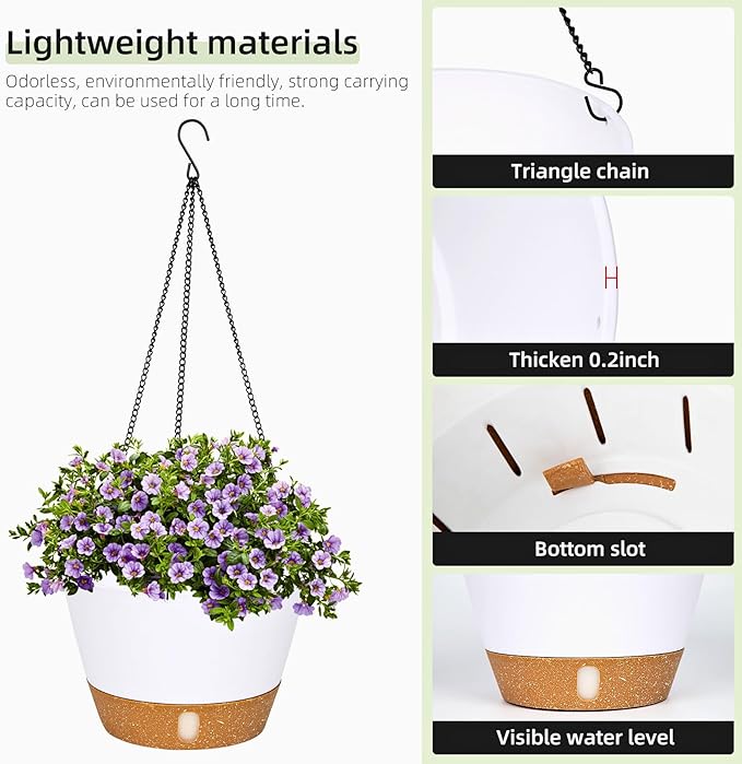 QCQHDU 2 Pack Hanging Planters for Indoor Outdoor Plants, 10 Inch Hanging Baskets Flower Pots with Reservoir Tray & Visible Water-Level-Ruum Studio Home