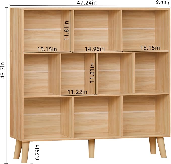LEYAOYAO 10 Cube Bookshelf,3 Tier Modern Wide Bookcase with Legs,Mid-Century Wood Bookshelves Storage,Natural Large Book Case,Freestanding Organizer Display Shelf for Bedroom,Living Room,Office-Ruum Studio Home