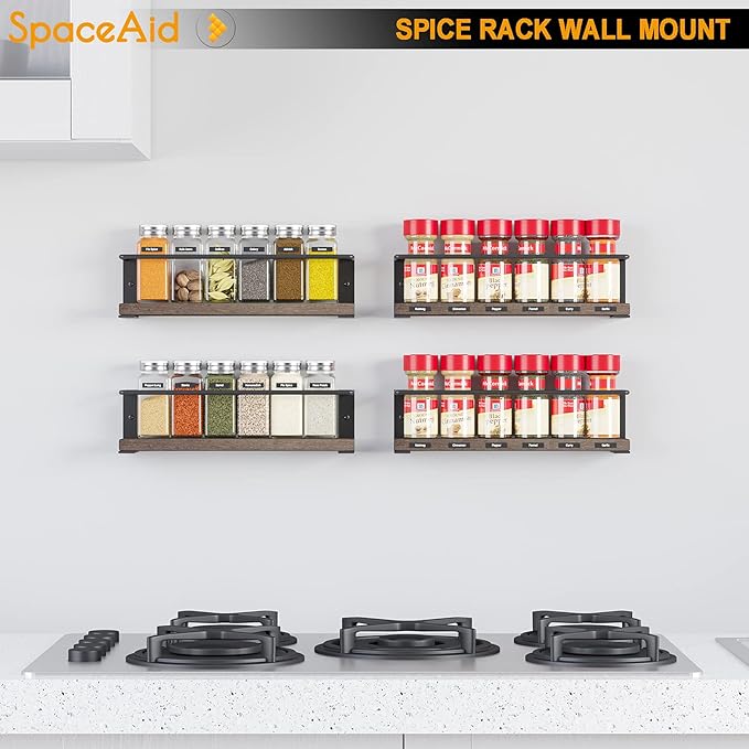 SpaceAid Spice Rack Organizer for Cabinet Door or Wall Mount (4 Pack) with 415 Spice Labels - Wood Hanging Seasoning Shelf for Cupboard Pantry or over the Stove-Ruum Studio Home
