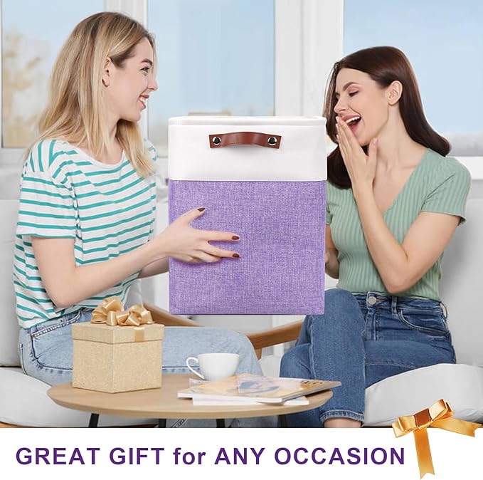 Large Fabric Storage Baskets | 50L Storage Bins, Decorative Linen Closet Baskets with Handles for Organizing, Shelf, Toys, Clothes, Home, Office, Nursery, 17x12x15Inches (Purple&White)-Ruum Studio Home