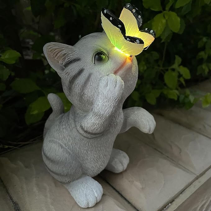 Solar Cat Outdoor Figurines Garden Decor with Butterfly Cat Statue Light for Lawn Ornaments Porch Patio Balcony Yard Decorations Outdoor Birthday Gifts for Women Grandma Mother’s Day-Ruum Studio Home