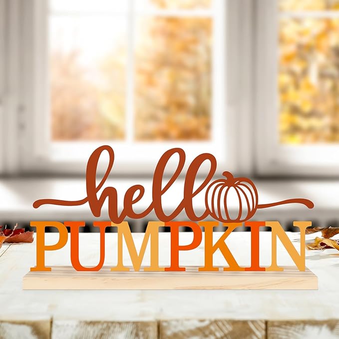 COCHIE Metal Hello Pumpkin Sign, Orange Fall Decorations for Home, Office, Shelf, Mantel, Indoor, Autumn Pumpkin Decoration, Hello Fall Decor (Autumn A)-Ruum Studio Home