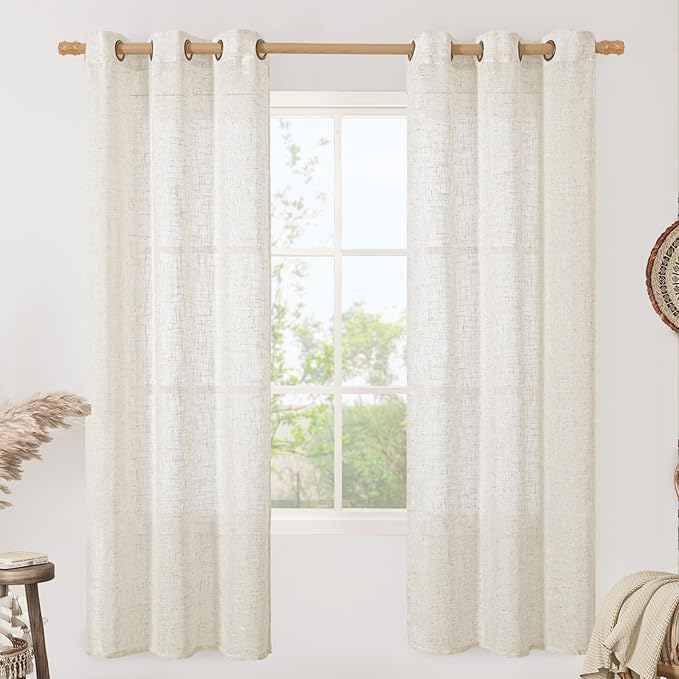 LAMIT Linen Sheer Curtains 72 Inches Long for Bedroom, Bronze Grommet Light Filtering Semi Sheer Linen Textured Burlap Boho Neutral Drapes for Living Room, Cream Ivory, 34 x 72 Inch, 2 Panels-Ruum Studio Home