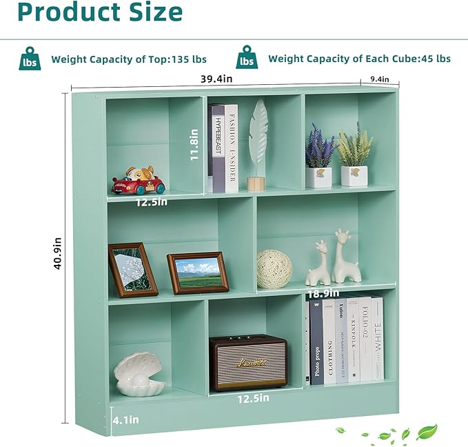LEYAOYAO 8 Cube Bookshelf with Base,3 Tier Modern Mint-Green Kids Bookcase,Standing Wide Bookshelves Storage Organizer Toy Shelf,Wood Display Children's Book Shelves for Bedroom,Living Room,Nursery-Ruum Studio Home