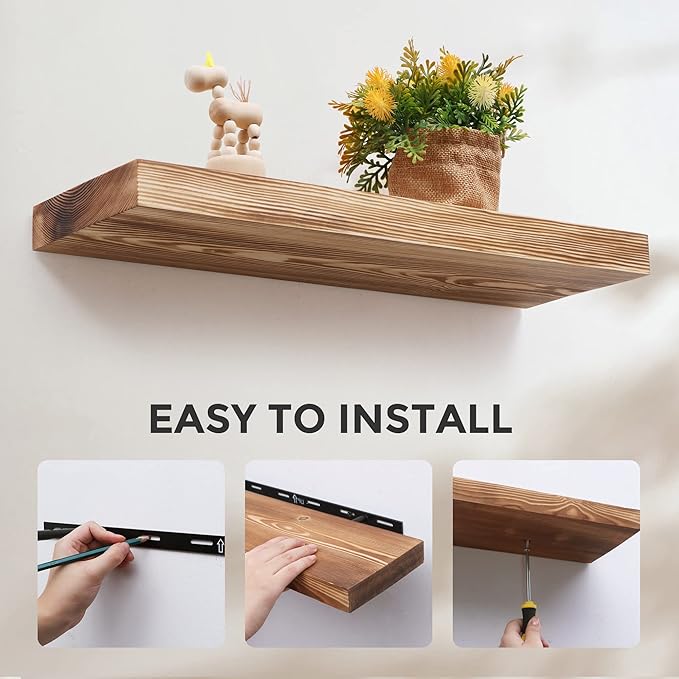 Fun Memories European Pine Floating Shelves for Wall, Mounted Shelf for Decor Storage Set of 2 - Natural Rustic Wooden Wall Shelf for Kitchen Bathroom Living Room Bedroom Farmhouse - Carbonized-Ruum Studio Home