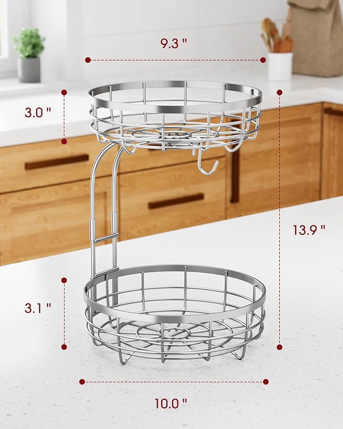 Fruit Basket for Kitchen Counter - 2-Tier Large Capacity Fruit Bowl with Detachable Banana Hanger, Rust-Proof Metal Fruit Holder for Vegetables, Bread, Toiletry,10" D x 10" W x 14" H, Silver.-Ruum Studio Home