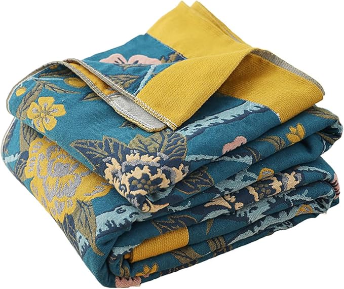 Boho Muslin Blanket for Adults 4-Layer Gauze 80 x 90 Inches Soft Cozy 100% Cotton Summer Cooling Blanket Floral Decor for Sofa Bed Coverlet Both Sides (Flowr Branch Teal, 80 x 90 in)-Ruum Studio Home