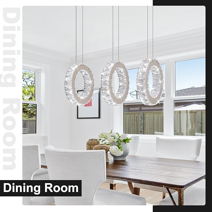 Buccleuch 3-Ring Crystal Chandelier, Dimmable LED Pendant Light Fixture Adjustable Stainless Steel Pendant Light, Silver Crystal Chandeliers for Dining Room, Bedroom, Living Room-Ruum Studio Home