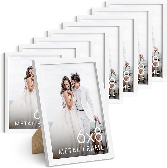 HAUS AND HUES 6x8 White Metal Picture Frames - Bulk Frames 6x8 - Features Premium Aluminum, Vertical Hanging, Easel Back for Tabletop, Home, Office (6x8 in, White, Set of 9)-Ruum Studio Home
