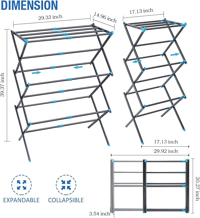 APEXCHASER Clothes Drying Rack, 3-Tier Laundry Drying Rack for Clothes, Expandable Metal Clothing Dryer, Collapsible Towel Rack, Air Drying Rack, Graphite-Ruum Studio Home
