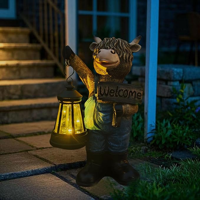 Solar Garden Statues -Highland Cow Lantern Outdoor Handmade Resin Statue with LED Light, and Welcome Holder for Patio, Yard, Gift Ideas (cow2)-Ruum Studio Home