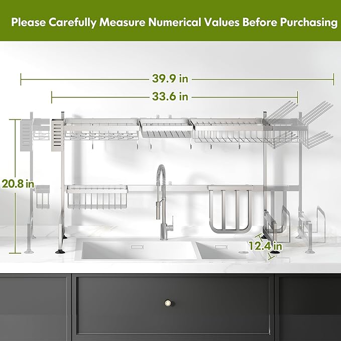 2 Tier Extra Large Stainless Steel Expandable Over The Sink Dish Drainer Drying Rack, Rust Proof Metal, Space Saving, Modern Silver Big Capacity Extendable Plate Strainers Above Kitchen Counter-Ruum Studio Home