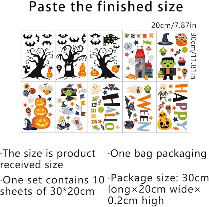 10 Sheets Halloween Window Clings Halloween Window Stickers Decorations Double-Sided Removable Castle Pumpkin Bat Glass Window Decals, Happy Halloween Window Clings for Kids Party Decorations-Ruum Studio Home