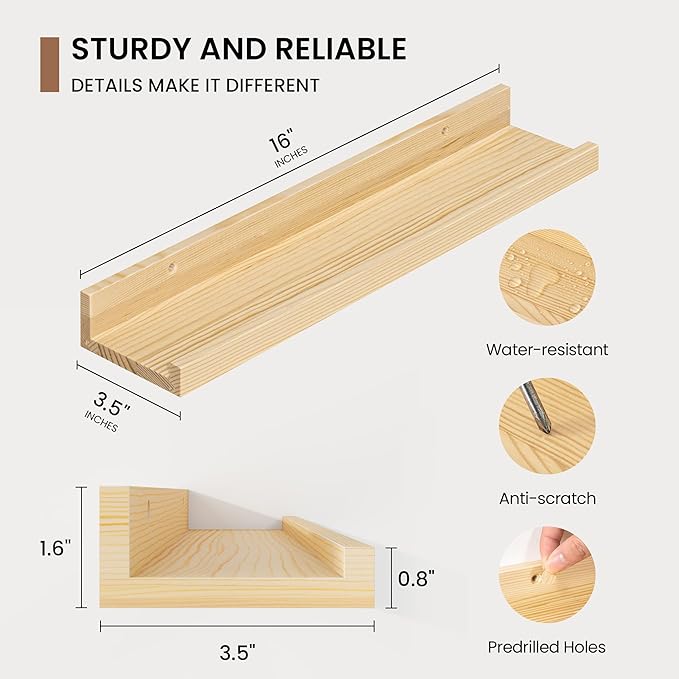 Picture Ledge Shelf, Solid Pine Wood Floating Shelves Set of 4, 16 Inches Nursery Book Shelves for Toys Storage, Kids Bookshelf Wall Mounted for Living Room Decor Photo Frames, Unfinished Natural-Ruum Studio Home