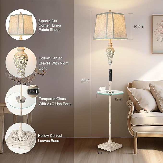 Rustic Floor Lamp, Living Room Lamps with Glass Tray, stepless diming Floor Lamp with Remote Control and USB A&C Charging Ports for Living Room Bedroom Office Smart Bulbs Included-Ruum Studio Home