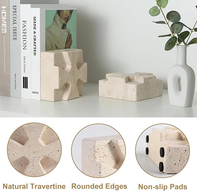 Natural Marble Bookends for Heavy Books, Heavy Duty Square Decorative Stone Book Ends for Shelves, Aesthetic Travertine Book Holder, Modern Office Bookshelf Stopper Decor, Beige, Set of 2-Ruum Studio Home