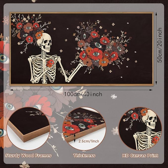 KAIRNE Halloween Skeleton Wall Art,Gothic Skull Canvas Set of 1(40”x20”),Romantic Spooky Floral Botanical Print,Scary Skull Painting,Horror Halloween Wall Art for Living Room Bedroom Goth Party Decor-Ruum Studio Home