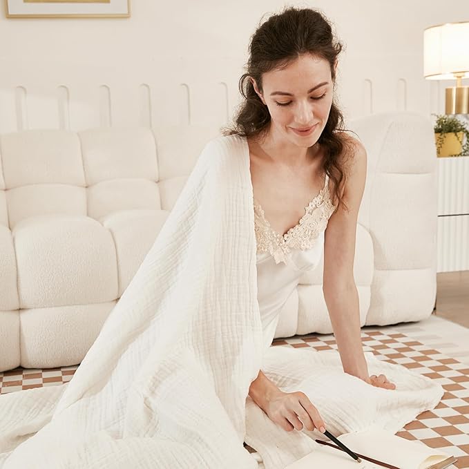 EMME Cotton Blanket King Size for Bed Soft Muslin Blankets 108"x90" Lightweight Breathable Layering Blanket Bedspread Coverlet All Season Gauze, White-Ruum Studio Home