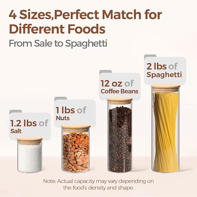 ComSaf Glass Food Storage Jars Set of 6, Clear Glass Storage Containers with Lids, Canisters Sets for the kitchen, Spaghetti, Pasta, Flour, Nuts, Oat, Coffee and Sugar Container, Pantry Organization-Ruum Studio Home