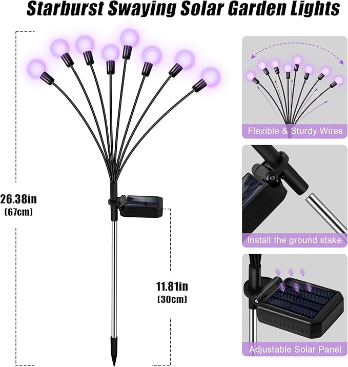 Solar Garden Lights – 16 LEDs Solar Firefly Lights, Purple Swaying Lights Outdoor Waterproof, 2 Pack 8 Heads Garden Decorative for Yard Patio Pathway Lawn Decorations-Ruum Studio Home