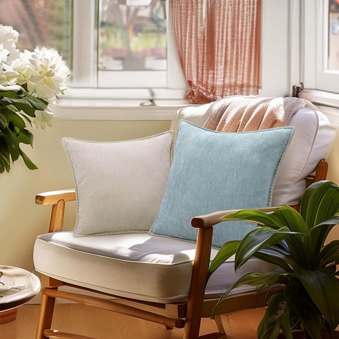 decorUhome Chenille Soft Throw Pillow Covers 26x26 Set of 2, Farmhouse Velvet Neutral Decorative Euro Pillow Covers with Stitched Edge for Couch Sofa Bed Home Decor, Aqua Haze-Ruum Studio Home