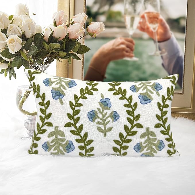Alysheer Summer Floral Embroidered Decorative Throw Pillow Cover 12"x 20", Farmhouse Blue Flowers Green Leaves Patterned Cotton Canvas Lumbar Cushion Case for Sofa Couch Living Room Cottage Decor-Ruum Studio Home