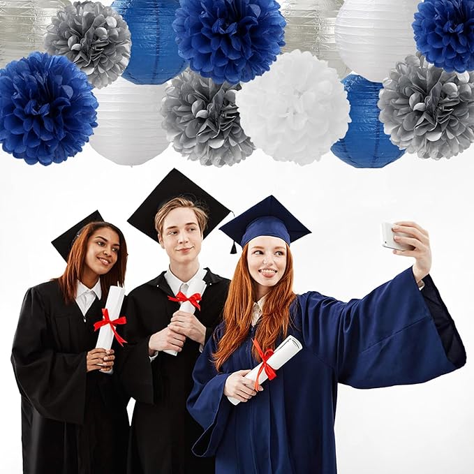 Navy-Blue Silver Party-Decorations Paper-Flowers Lanterns - 15PCS Birthday Royal White Wedding Tissue Pom Poms Streamers,Baby Bridal Shower Bachelorette Graduation Hanging Supplies Decor Hugfond-Ruum Studio Home