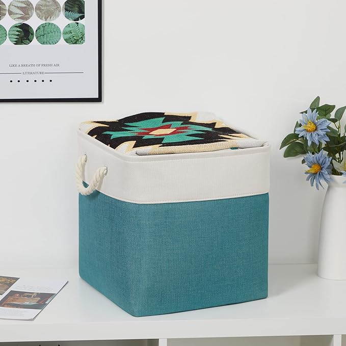Bidtakay Fabric Baskets for Closets Shelves Lined Set of 3 Large Square Collapsible Storage Bins for Organizing 13 X 13 Cube Storage Bins for Pantry Organization Storage(Teal Blue)-Ruum Studio Home