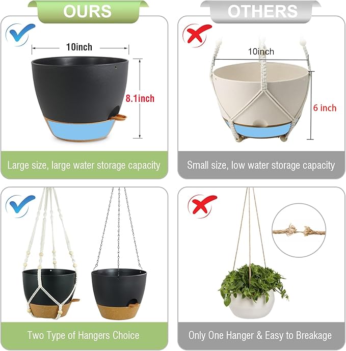 10 inch Self Watering Hanging Planters, 2 Pack Hanging Flower Pots for Indoor Outdoor Plants, Hanging Baskets with Drainage Holes & 2 Kinds of Plant Hangers for Garden Home Decor, Black Brown-Ruum Studio Home