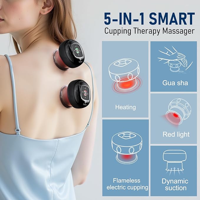 5-in-1 Smart Dynamic Cupping Set, 20 Levels Cupping Kit for Massage Therapy with Red Ligh-t Therapy&Heat Penetrates for Targeted Pain Relief, Knots, Aches, Muscle Soreness - 1Pcs(Black)-Ruum Studio Home