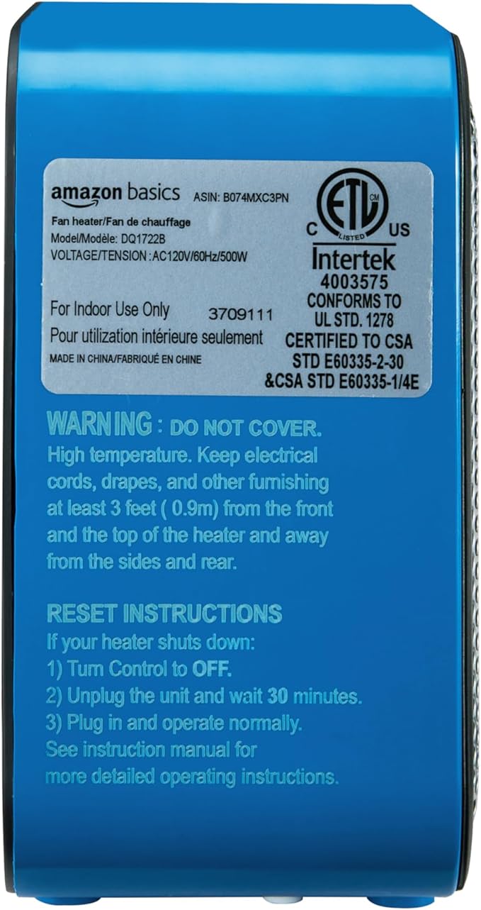 Amazon Basics Ceramic Space Heater, Mini Heater for Office Desk, Portable Tent Heater for Camping (Indoor Use), 500 W, With Tip-Over Protection, Lightweight (1.4 LBS), Blue, 5.9 x 3.2 x 6 inches-Ruum Studio Home